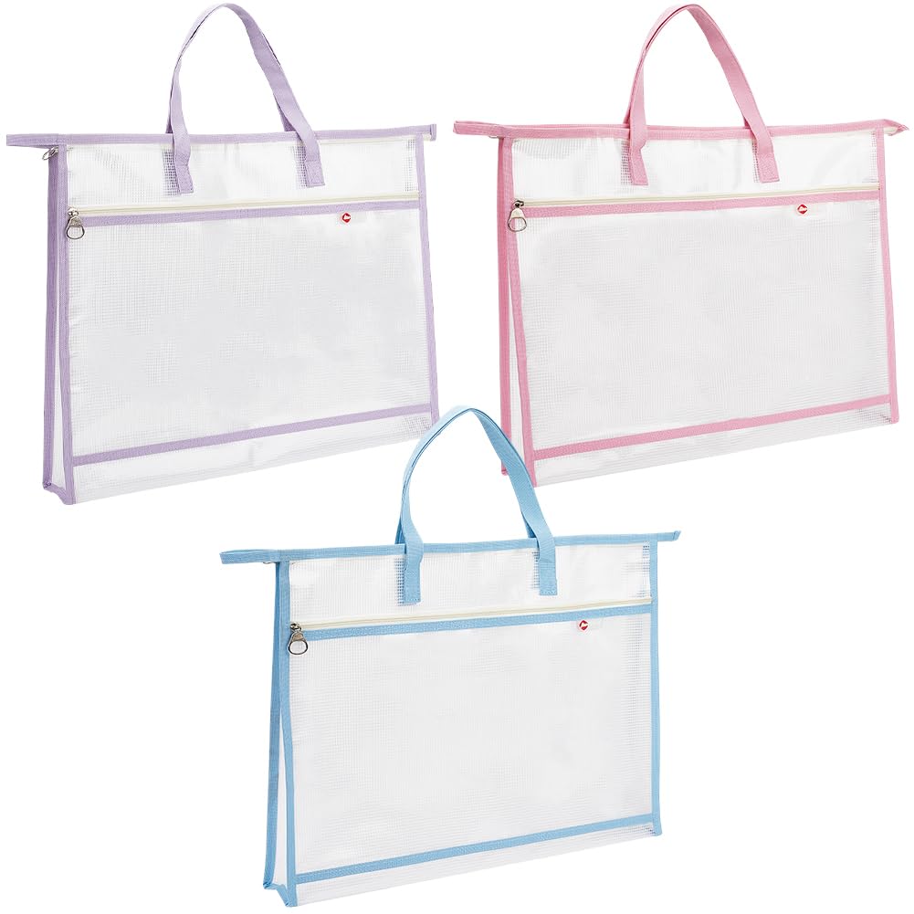 CRASPIRE 3Pcs Mesh Project Bags with Handles A3 Rectangle 3 Colors PVC Colorful Double Layer Sewing Document File Folder Paper Zipper Pouches for School Office Work Sewing Artworks Embroidery Projects