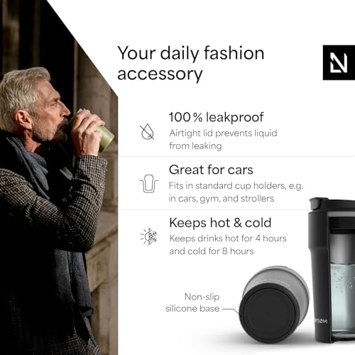Image of LARS NYSOM Thermo Coffee Mug to go 17oz | Travel Mug 0.5 Liter with Insulation | Silicone grip base | Leak Proof Stainless Steel Tumbler for Coffee and Tea on the Go (Powder Black, 17oz)