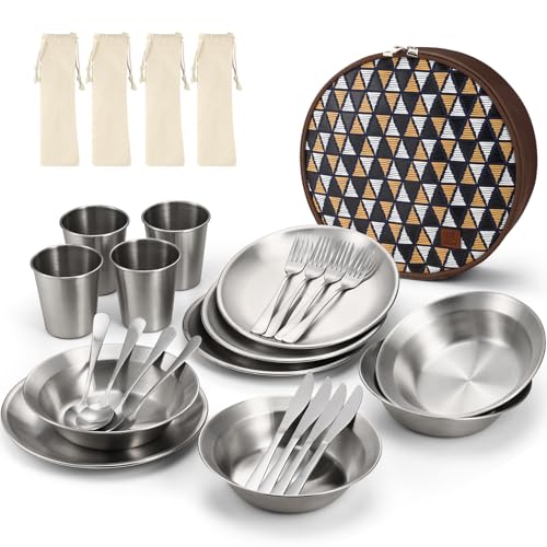 Odoland Stainless Steel Camping Dinnerware - Messware Kit with Plates, Bowls, and Cutlery Organizer for Backpacking, Hiking, Picnic