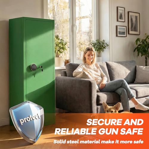 Image of Bonusall 12-15 Gun Safe for Rifles, Large Rifle Safe for 9 Rifles & 4 Pistols with Digital Keypad, Anti-Pry Steel Cabinet, Adjustable Shelves & Dual Alarm for Home-Green