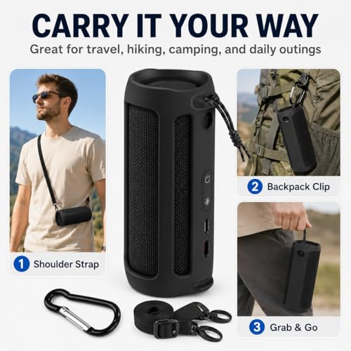 Image of Silicone Case Compatible for JBL FLIP 5 Portable Bluetooth Speaker, Gel Soft Skin Cover, Rubber Case, Travel Carry Pouch with Strap (Speaker and Accessories not Included) (Black)