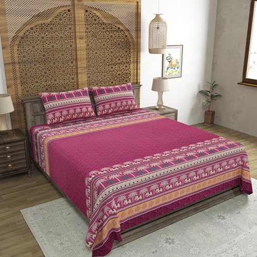 Image of BLOCKS OF INDIA Hand Block Printed 200 TC Cotton Super King Size Bedsheet(106 x 106) | Pack of 1, Batik Maroon Elephant