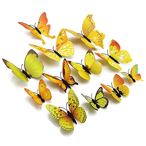 Image of Pindia 12 Pcs 3D Metal Butterfly Wall Stickers for Home Party Wedding Decor (Yellow)