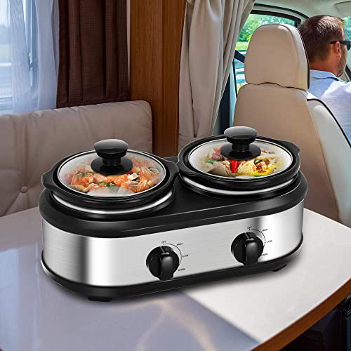 Double Slow Cooker, Buffet Servers And Warmers, Dual 2 Pot Slow Cooker Food Warmer, Adjustable Temp Dishwasher Safe Removable Ceramic Pot Glass Lid, 2 X 1.25 Qt Portable Small Crock Cooker #TOP7