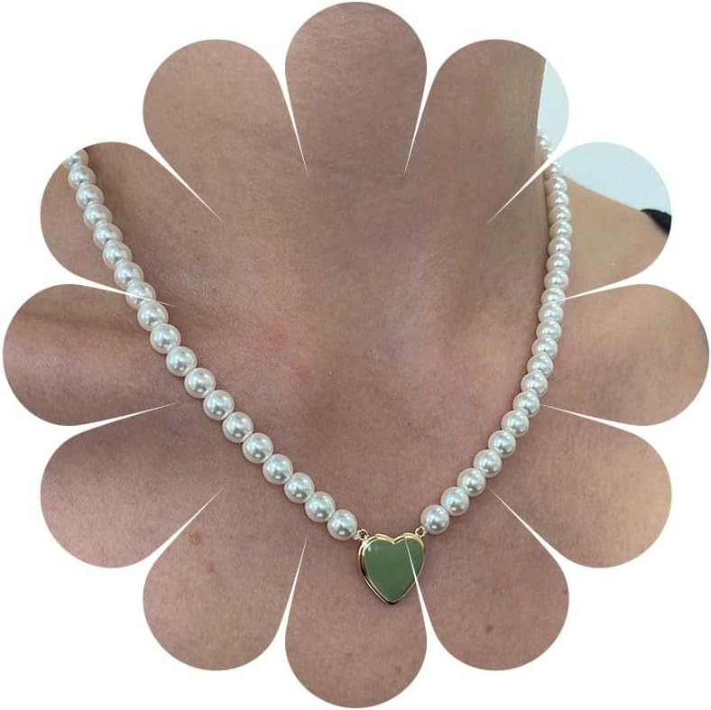 Andelaisi Boho Enamel Heart Pearl Necklace Vintage Pearl Beaded Choker Necklace Baroque Green Heart Pendant Necklace Pearl Love Heart Necklace Chain Jewelry for Women