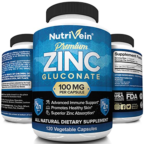 Nutrivein Premium Zinc Gluconate 100Mg - 120 Capsules - Immunity Defense Boosts Immune System & Powerful Antioxidant - Promotes Healthy Skin And Acne Defense - Essential Elements For Absorption #TOP3