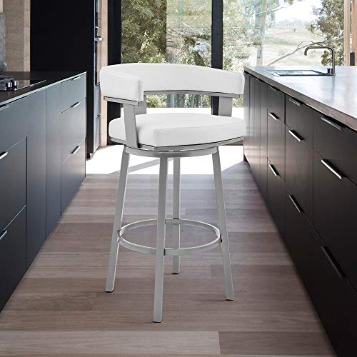 Armen Living Lorin Modern Butaco Blanco de Cuero Sintético y Estructura de Acero Inoxidable Plateado con Giro de 360° para Cocina Altura Asiento 30" miniatura 2
