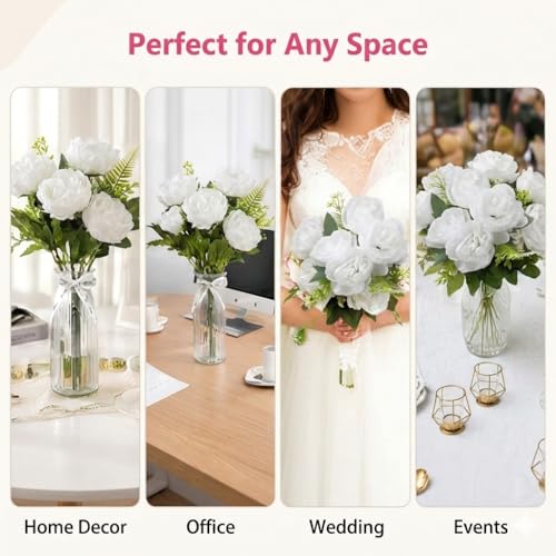 Image of CURATED CART 1 Bunch Artificial Peony Rose Flower Bouquet (White) | 5 Flower Heads, for Home Decor, Office, Bedroom, Balcony, Table Display, Wedding Decoration (Without Vase Pot)