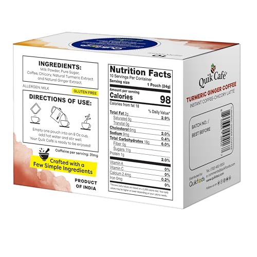 QuikCafé Instant Turmeric Ginger Coffee – 10 Count, Bold Turmeric Ginger Flavor Coupled With a Unique Coffee-Chicory Blend, No Preservatives, Just Add Hot Water, Kosher, Gluten Free