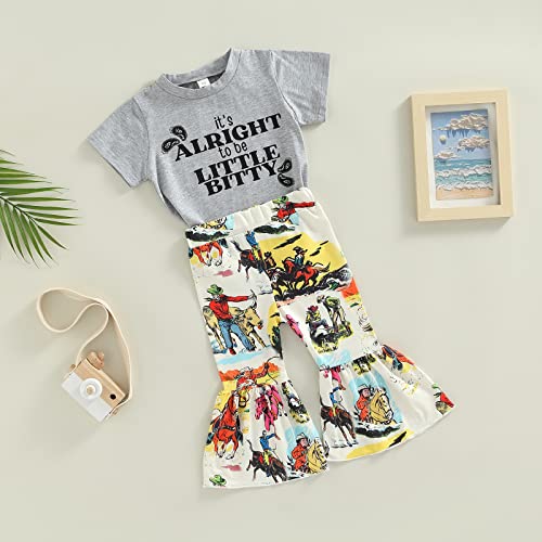 2Pcs Toddler Baby Girl Clothes Letter Print Short Sleeve T-Shirt Top Bell-Bottom Pants Western Cowgirl Outfit Set2