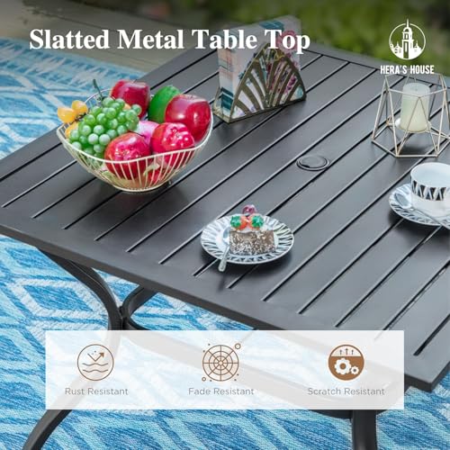 Image of HERA'S HOUSE 5pc Patio Dining Set for 4, Outdoor Metal Table & Blue Chairs | Textilene chairs + 37 inch square table with umbrella hole. Waterproof, rust-resistant, all-weather for backyard, porch