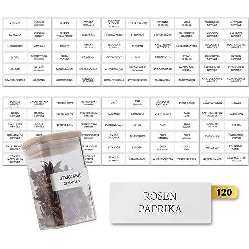 Gewürzetiketten Selbstklebend 120 Sticker für Gewürzgläser & Gewürzdosen - Wasserfeste Gewürzaufkleber - Spice Jar Label - Beschriftete Etiketten für Küchenorganisation - Rechteckig Weiß