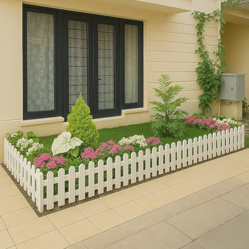 Image of Blooming Enterprises Pack of 4 Virgin Plastic Garden Foldable Fence Panels for Lawn & Plant Borders White | Decorative Outdoor Picket Edging for Garden, Patio & Pathways | Weather-Resistant PVC