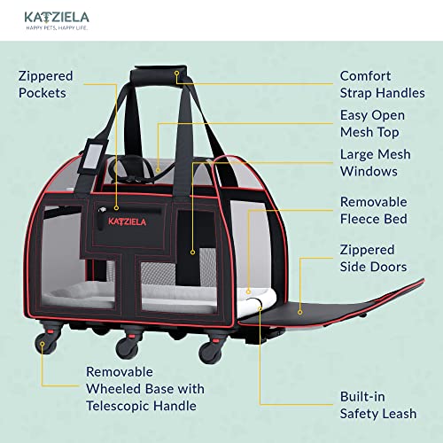 Image of Katziela Rolling Pet Carrier Airline Approved - Pet Carrier with Wheels - Luxury Lorry - Deluxe TSA Approved Cat Carrier with 6 Wheels - Small Airline Approved Dog Carrier Trolley - Plane Carry On Bag