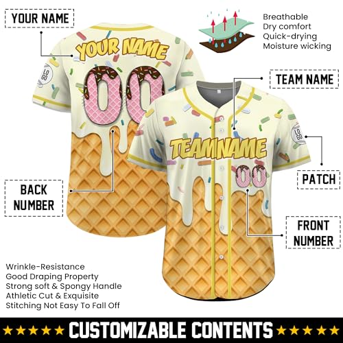 Custom Baseball Jersey – Personalized Name, Number & Logo, Drip Light Yellow Ice Cream Baseball Jersey Summer Holiday for Men, Women, Youth, Toddlers miniatura 3