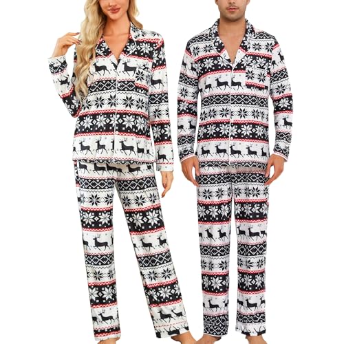 ENJOYNIGHT Couples Christmas Pajamas Sets Long Sleeve Sleepwear 2-Piece Pjs Set Button-Down Loungewear Comfy Nightwear