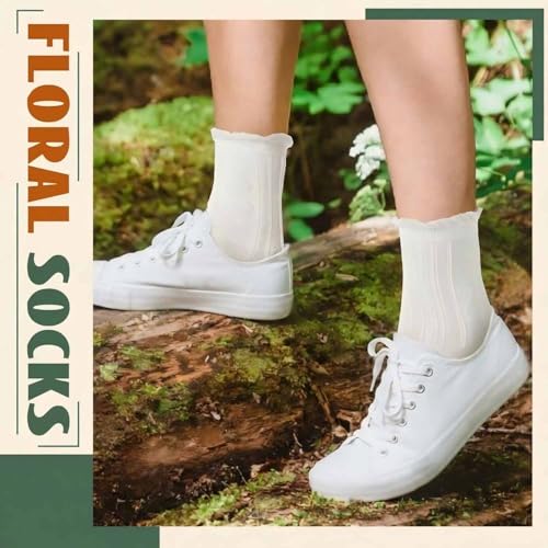 Image of Shyyween 10 Pairs Cute Socks Women's Lace Ruffles Ankle Casual Flower Frilly Fancy Cotton Cottagecore Floral Mid Tube Socks