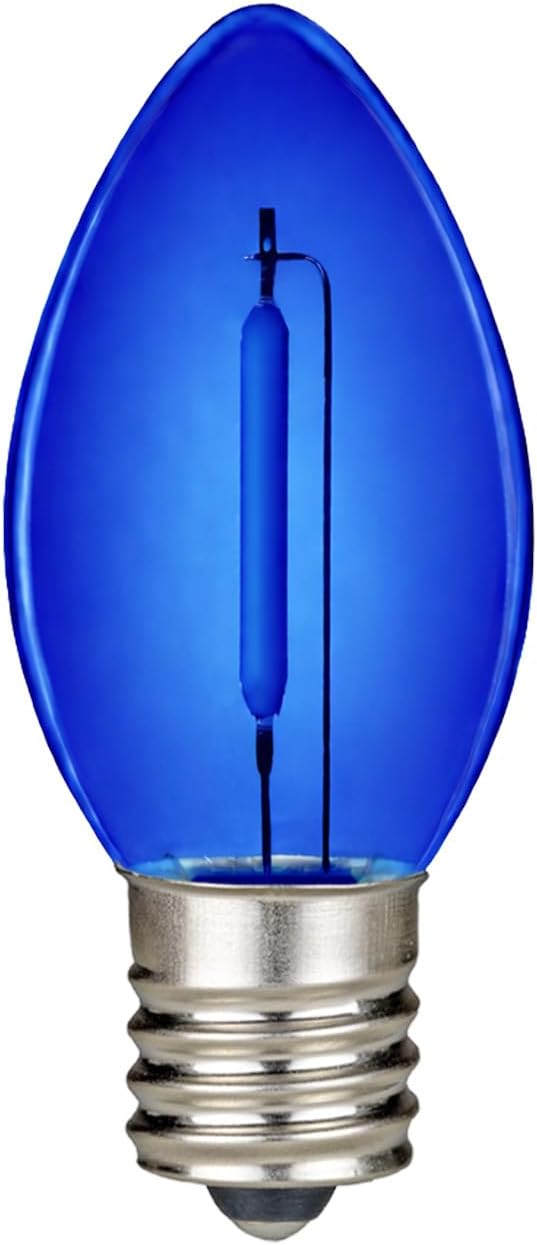 Novelty Lights 25 Pack C9 LED Filament Bulbs, Blue Shatterproof Plastic Replacement Christmas Lights, E17 Base for Indoor/Outdoor Strings, Dimmable, 0.6W 10,000 Hour Life