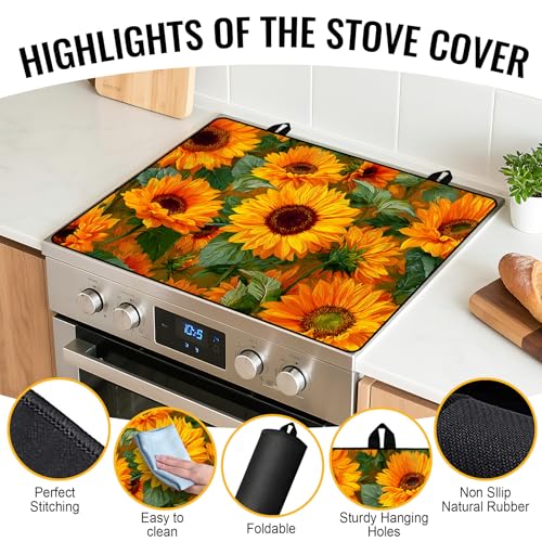 Image of NYZE Stove Cover for Electric and Glass Stove Tops 3-in-1 Stove Mat, Heat Resistant Counter Protector Mat, Non-Slip Surface & Drying Rack (Oil Painting Sunflower, 28.5 inchLx20.5 inchW)