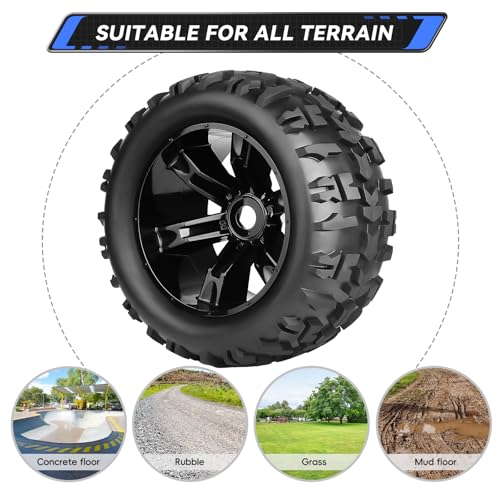 AllinRC Pre-Glued Monster Truck Wheels and Tires with 17mm Hex Hubs for 1/8 Scale Brushless Traxxas E-Revo Maxx Redcat Landslide XTE (4PCS)