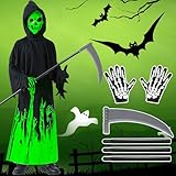 NCKIHRKK Costumi Fantasma Halloween per Bambino, Luminoso Scheletro con 90 cm Falce, Vestito 10-12 Anni, per Giochi di Ruolo, Carneval