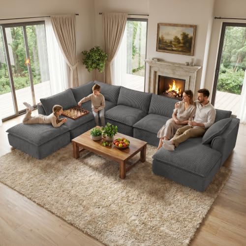 Image of Vesgantti 141.7 inch Oversized Sectional Boneless Sofa with Chaise, 7 Seat Corduroy Modular Couch with Ottoman, Convertible Deep Seat Cloud Sofa for Living Room, No Assembly Required, Dark Gray