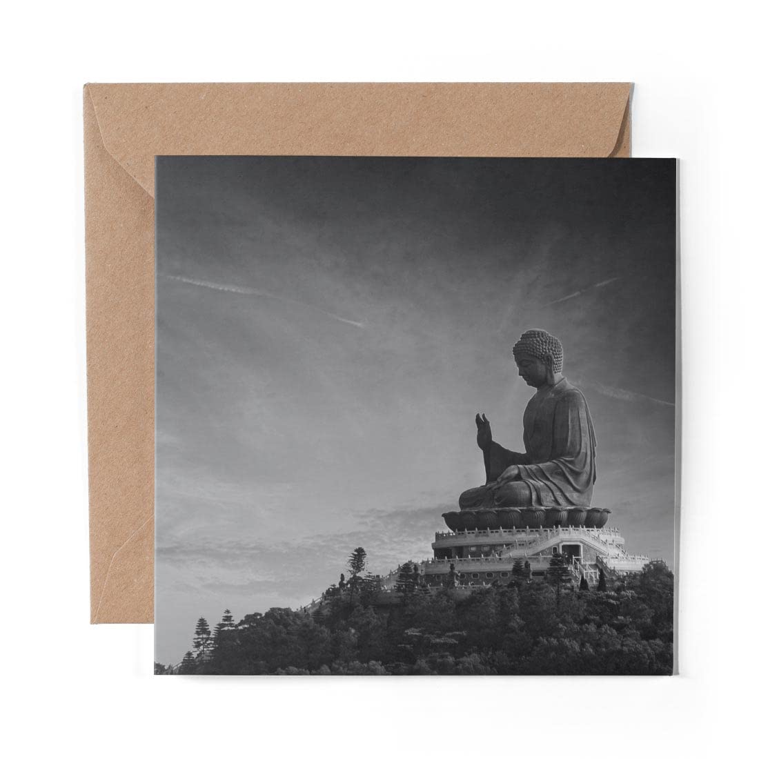 1 x Greeting Card BW - Tian Tan Buddha Hong Kong - Blank Birthday Celebration Anniversary #35045