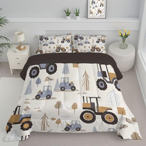 Edredon Microfibra Diversión Infantil Tractor Estampado, Edredón acolchado Dibujos Animados Arquitectura 4 Estaciones Suave, Edredones Marrón Ligero y Cálido para Cualquier Temporada 240x220 cm