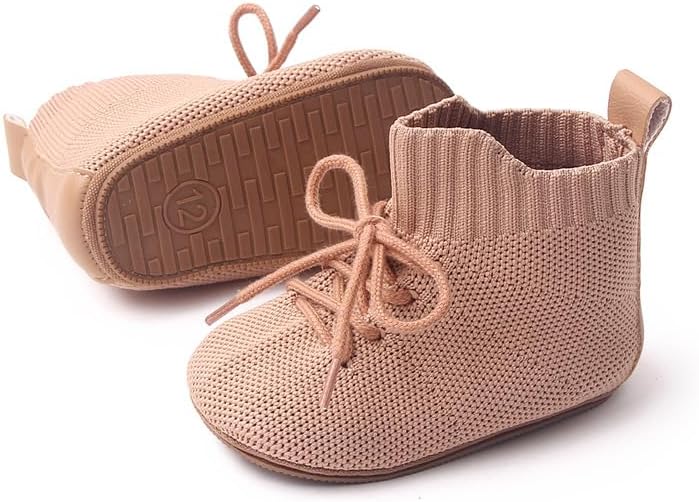 Baby Booties for Boys & Girls 3-18 Months - Soft Knit High-Top Boots with Lace-Up Closure, Non-Slip Rubber Sole
