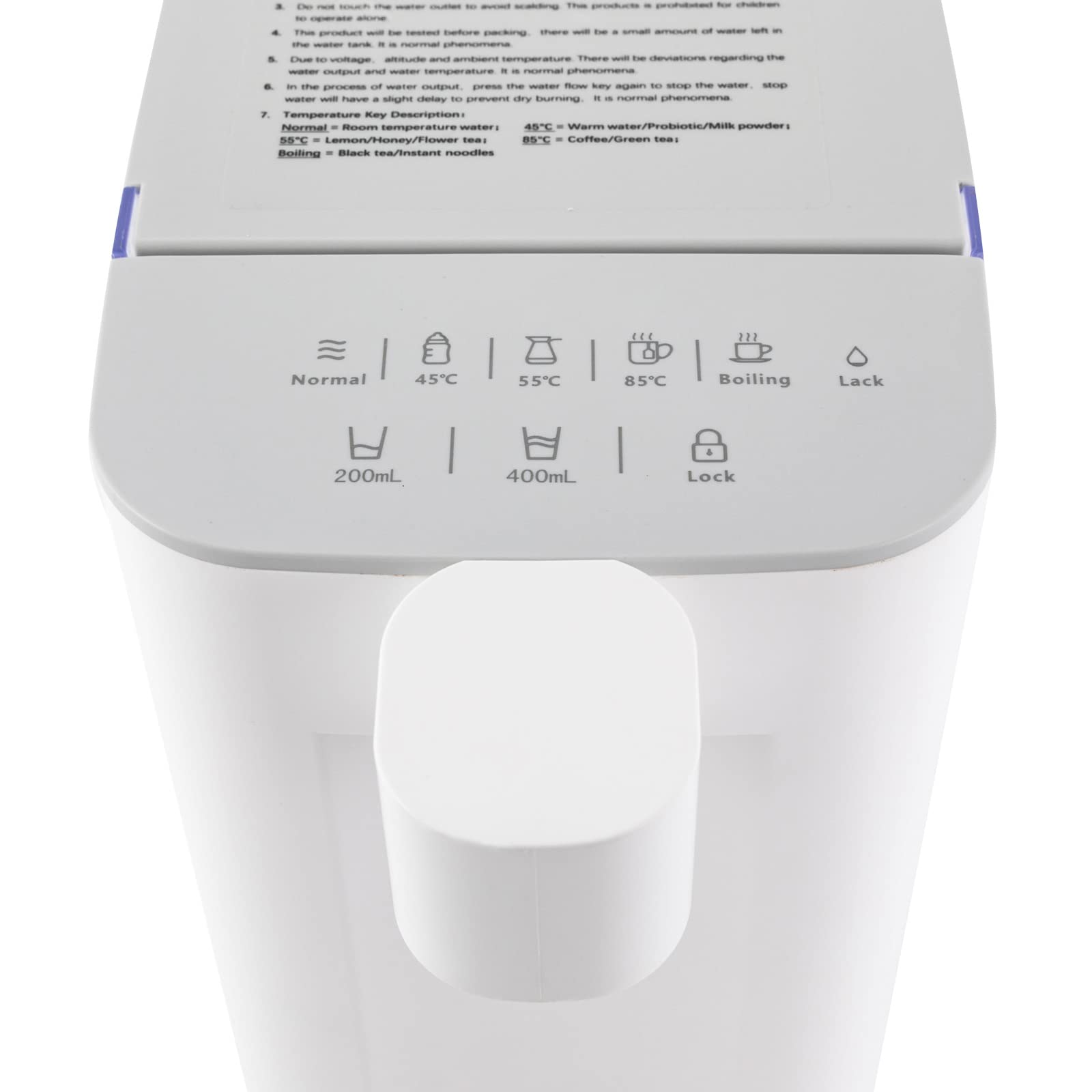 Distributeur instantané d'eau chaude 3L, bouilloire électrique 45 dB, distributeur d'eau chaude 5 options de température et 2 niveaux d'eau avec lumière, verrouillage sans danger pour les enfants