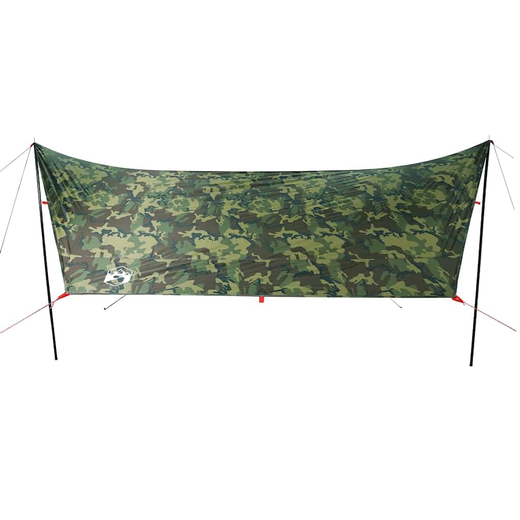Tarp wzór maskujący, wodoszczelny, 438 x 376 x 212 cm, poliester 185T z powłoką PU, lekki rozmiar po spakowaniu, z 2 drążkami i torbą do przenoszenia, na kemping, trekking, wędrówki, plażę i