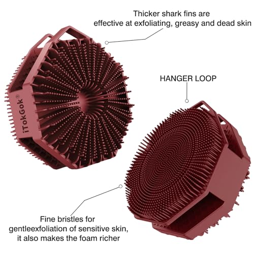 iTokGoK® Premium Silver-Infused Double-Sided Design 2-in-1 Silicone Body Brush Scrubber,Body Buffer Scrubber for Sensitive Skin, Ergonomic No-Slip Handle, Long-Lasting & Easy to Clean - Burgundy