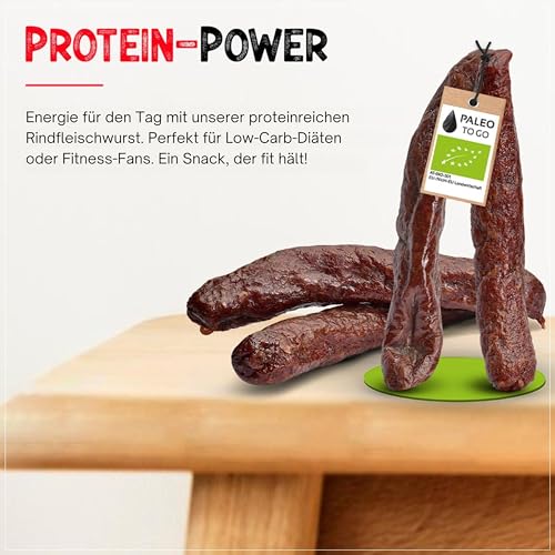 BIO Rind Kaminwurzen – Rinder Rohwurst, zuckerfrei, glutenfrei – Protein Snack aus 100% Bio-Rindfleisch – Eiweißreiche Mettwurst, trocken & handgemacht – 4 Stück (1er Pack (4 Stück))