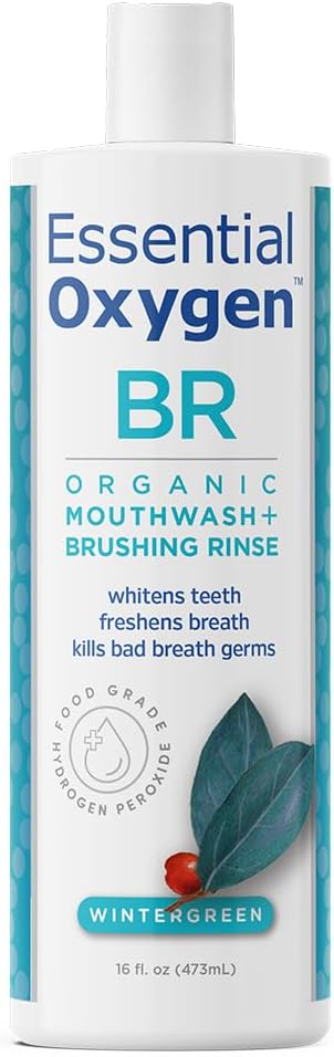 Essential Oxygen Certified BR Organic Brushing Rinse, All Natural Mouthwash for Whiter Teeth, Fresher Breath, and Happier Gums, Alcohol-Free Oral Care, Wintergreen, 16 Ounce