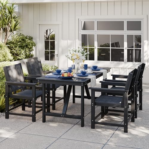Image of 7 Piece HDPE Patio Dining Set, All-Weather Outdoor Table and Chair Sets with Umbrella Hole Outdoor Dining Table Sets of 6 Textilene Fabric Patio Chairs for Backyard, Poolside, Garden, Deck(Black)
