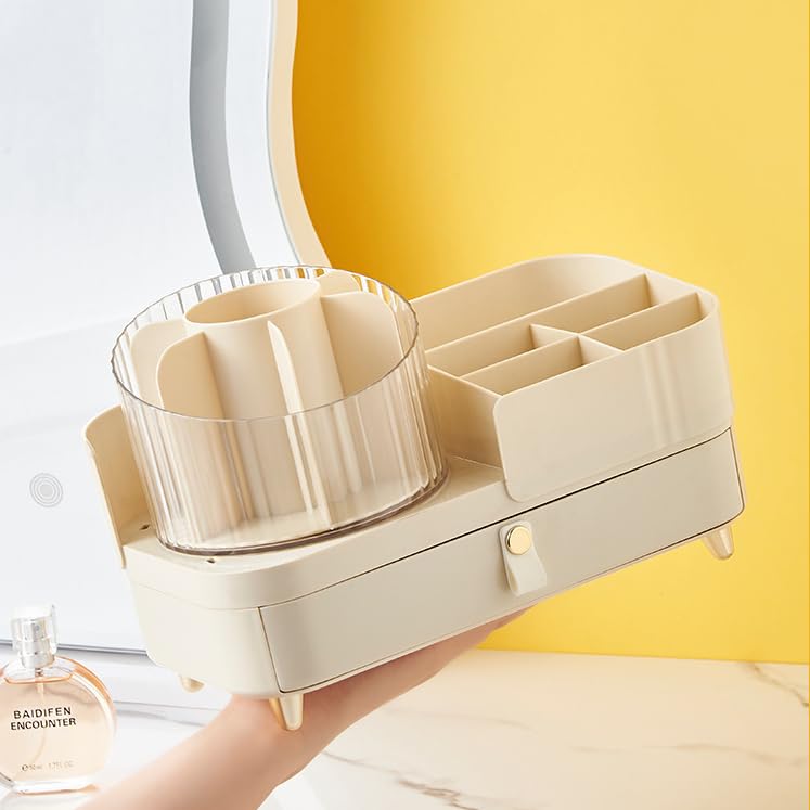 Rotating Makeup Organizer with Drawer Makeup Countertop Organizer for Vanity with Makeup Brush Holder Cosmetic Display Case Storage for Lipstick Facial Mask Perfume (Strip Handle)