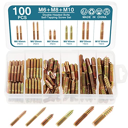 HSEAMALL Vis de suspension, à double extrémité, vis autotaraudeuses, vis de chevilles galvanisées, pour le travail du bois, la fixation de meubles (M6-M8-M10-100PCS)