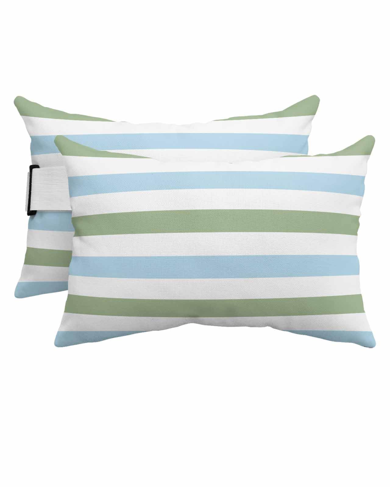HERBED Outdoor Pillows Covers with Inserts Geometric Sage Green and Blue Stripes Waterproof Pillow with Adjustable Strap Throw Pillows for Patio Furniture Pool Lounge Chair, 11x16 Inch, 2PCS