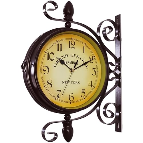 Wrought Iron Antique-Look Brown Round Wall Hanging Double Sided Two Faces Retro Station Clock Round Chandelier Clock with Scroll Wall Side Mount Home Décor Wall Clock 8-inch