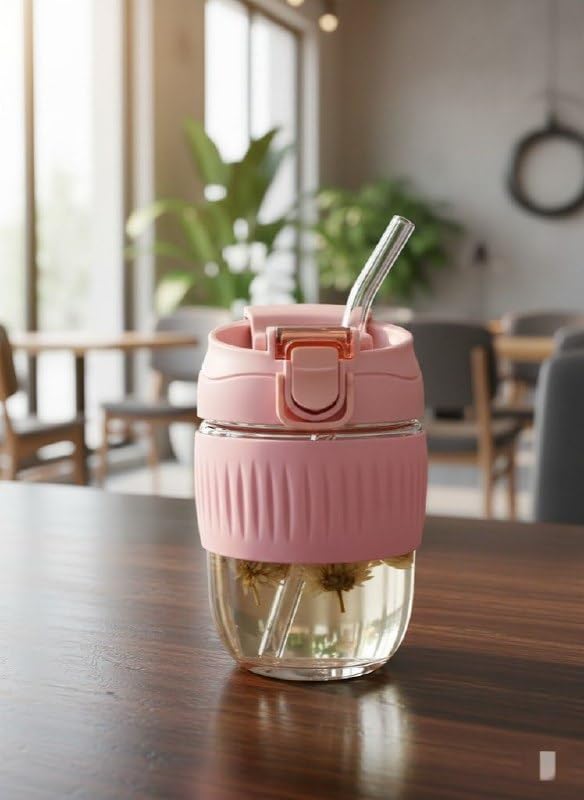 Image of Leak Proof Glass Travel Coffee and Juice Mug with Lid & Straw, Anti-Slip Silicone Band, Glass Travel Coffee Cup with Silicone Sleeve and Lid, Pink, Reusable Mug.