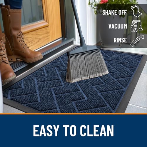 Image of OLANLY Front Door Mat Indoor Outdoor Entrance, Waterproof All-Season, All-Weather Doormat, Sturdy Natural Rubber, Low Profile, Easy Clean Patio Porch Entryway Mat, Herringbone Brick (Blue, 35x23)
