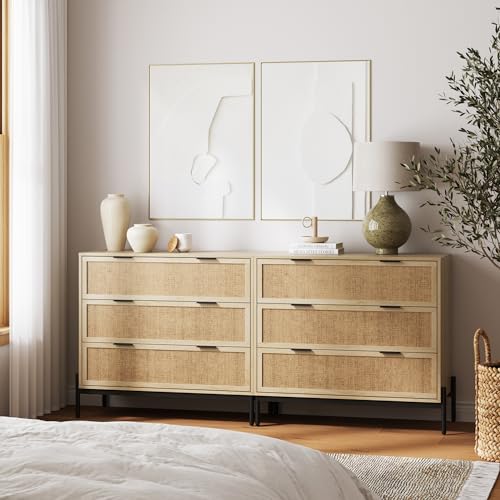 Image of Nathan James Andrew 3-Drawer Rattan Dresser or Boheminan Living Room Storage Cabinet with Natural Rattan Accent and Metal Legs, Light Oak /Black