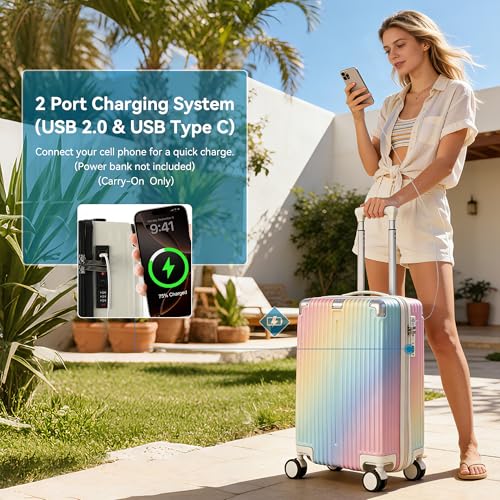Image of 20 Inch Carry On Luggage with Spinner Wheels,PC Expandable Hard Shell Suitcase with USB Port,Lightweight Travel Luggage Airline Approved for Men Women (Colorful)