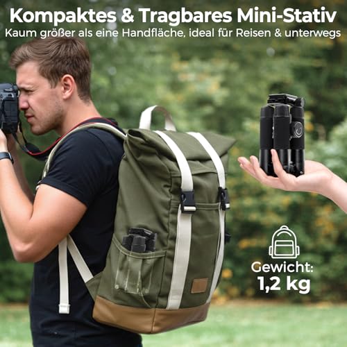 Rollei Compact Traveler Mini M1, Ministativ Kamera aus Aluminium 49cm Leichtes Desktop Reisestativ Klein mit Arca Swiss Kugelkopf Kompaktes Tischstativ für DSLR Schwarz, Stativ-Klein-Mini-Tripod