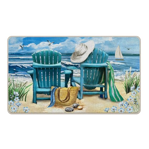 Tailus Spring Summer Blue Chair Decorative Front Door Mat, Beach Coastal Bag Hat Doormat Indoor Outdoor Non-Slip Floor Entryway Rug, Nautical Flower Sailboat Seagull Home Kitchen Decoration 17x29 Inch
