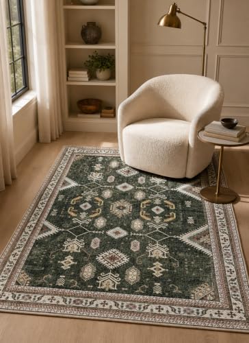 Image of CASA-NEST Premium Velvet Print Carpet (4x6 ft), Non-Slip Rubber Bottom, Durable Vintage Tribal Floor Mat for Bedroom - Antique Green Ethnic