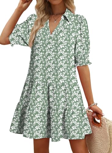 Image of Dokotoo Casual Dresses for Women Lapel Collared V Neck Mid Sleeved Pleated Summer Dresses for Women 2026 Midi Dresses