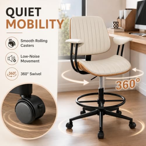 Image of Drafting Chair for Standing Desk, Arms Tall Office Chair with Bentwood Backrest, Adjustable Height, Footrest Ring and Swivel Seat, PU Leather (Ivory)