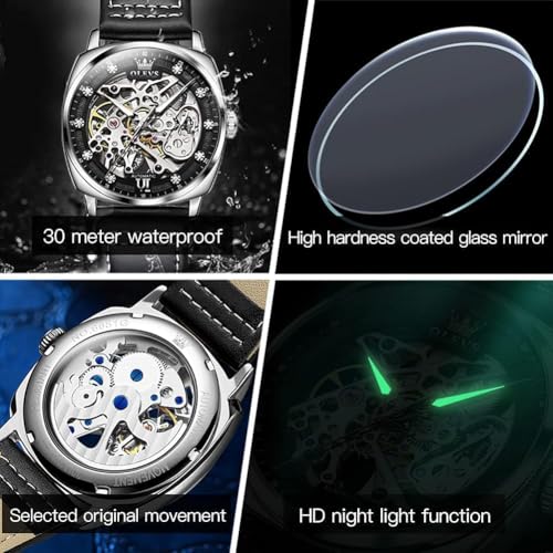 Image of OUPINKE Mens Watches Automatic Skeleton Mechanical Watches for Men Self Winding Luxury Fashion Leather Strap Steampunk Style Luminous Waterproof Men Wrist Watches