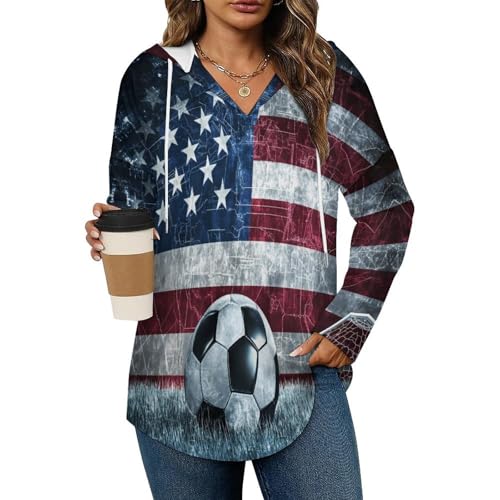 US Flag Soccers-Football Hoodies for Women V Neck Pullover Sweatshirts Long Sleeve Shirts Fashion Tops